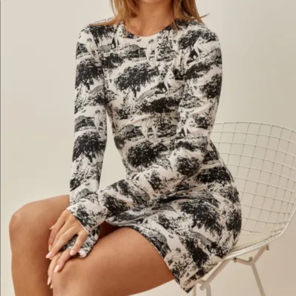Reformation Black and White Long Sleeve Printed Dress